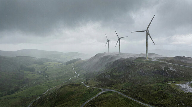 Wind Turbines in Rainy Mountain Landscape