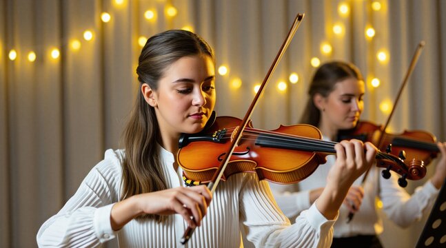 Young woman plays violin during festive music concert performance. Talented female musician holds wooden fiddle with focus inside room. Another player sits near in background with soft warm lights.