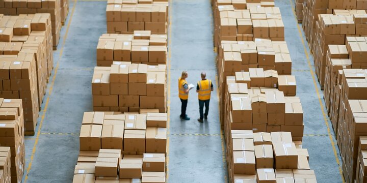 Warehouse workers inspecting stacked cardboard boxes