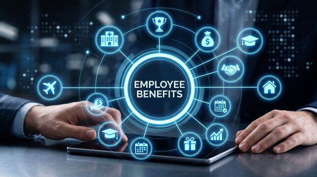 Digital illustration of employee benefits icons, showcasing rewards, health, and finance, representing career development and workplace perks