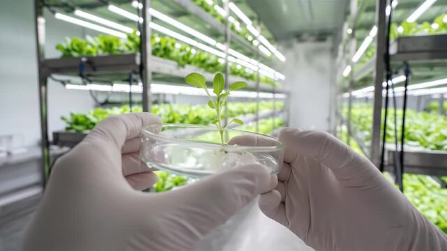 Scientist holding seedling in petri dish in vertical farm for plant science research