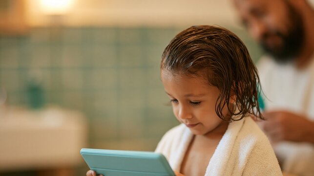 Child with wet hair using tablet indoors