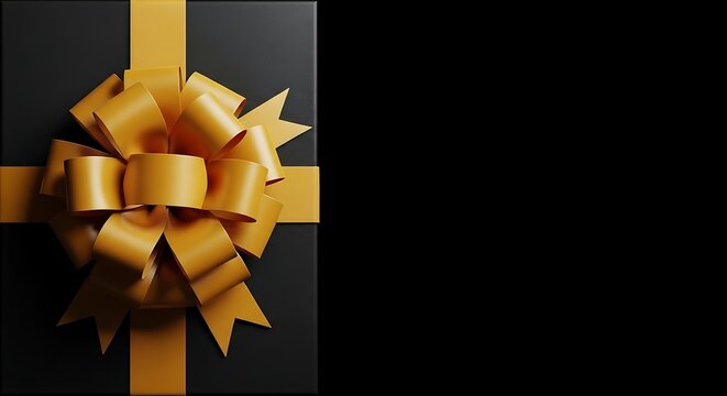 A luxurious black gift box adorned with a shiny gold ribbon bow perfect for promoting exclusive sales during the black friday season
