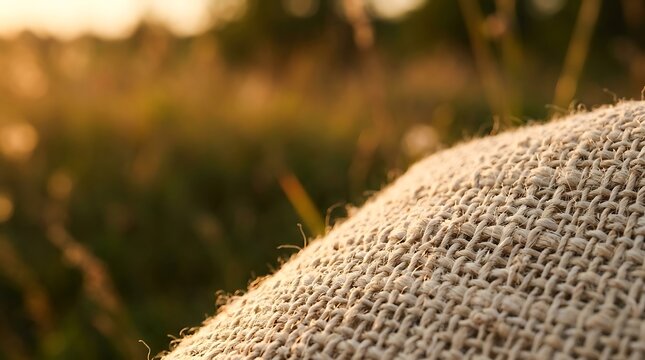Coarse burlap sack texture in a sunlit rural field at sunset