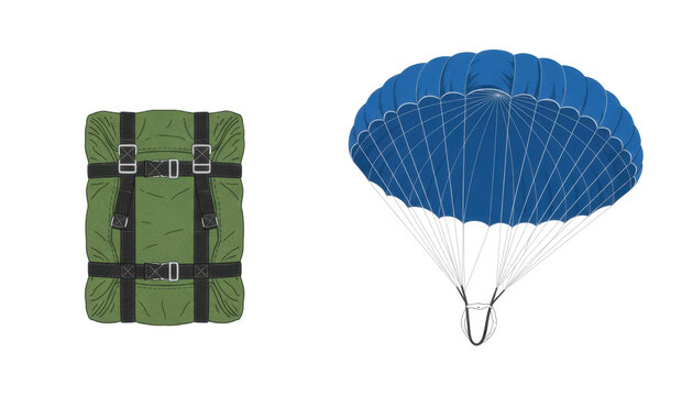 Military Parachute Pack and Open Blue Canopy