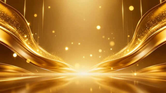 Golden abstract background with elegant shimmering waves and sparkling particles, creating a luxurious and festive atmosphere for awards, celebrations, or premium product displays