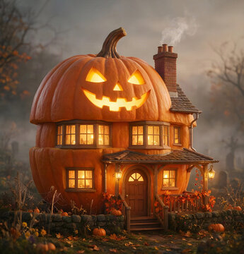 Halloween theme giant pumpkin cottage in fairy tale style garden setting