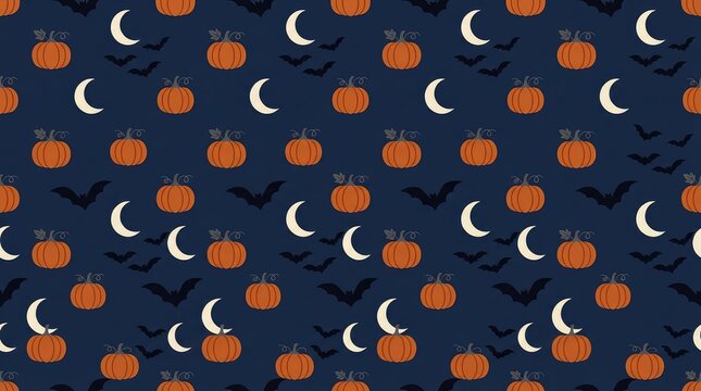 Seamless pattern design featuring cute orange pumpkins and white crescent moons on a dark blue halloween holiday background