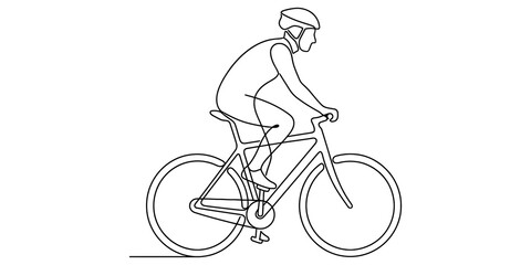 Fototapeta premium Continuous single line drawing of a cyclist riding a bicycle wearing a helmet