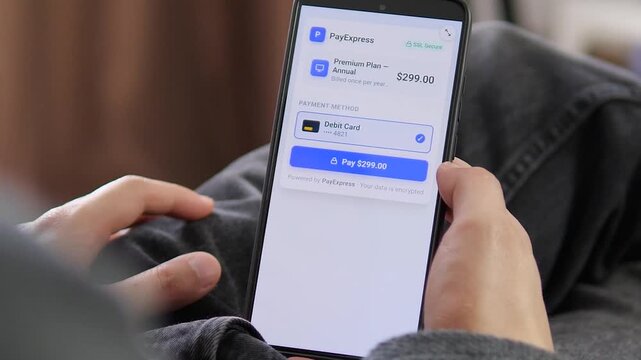 Secure annual subscription payment on a smartphone reflects the growth of digital services, recurring billing and cashless consumer spending.