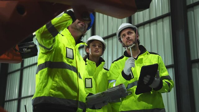 Industrial engineer inspecting a robotic arm machine in an automated manufacturing factory, robotics, automation, smart manufacturing, machine maintenance, quality control and Industry 4.0 technology.
