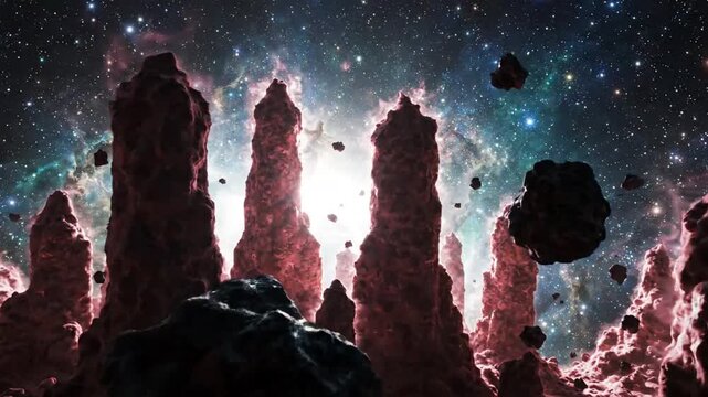 Cosmic rock formations in nebula with floating asteroids and distant stars