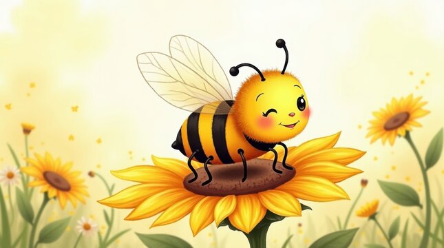 Una encantadora abeja de dibujos animados posada sobre un girasol, con una sonrisa alegre y un cuerpo de color amarillo brillante y negro