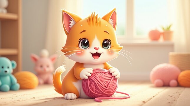 Encantador gatito de dibujos animados jugando alegremente con un ovillo de lana colorido; postura en&eacute;rgica y juguetona