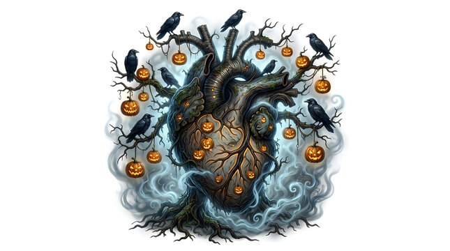 Anatomic heart tree with hanging pumpkin lanterns and black crows for dark eerie atmosphere.