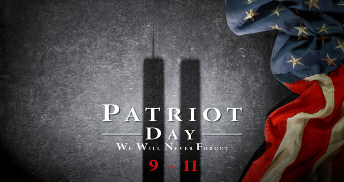 Patriot Day - September 11&nbsp;- Shadow Silhouette Of Twin Towers With American Flag On Black Background