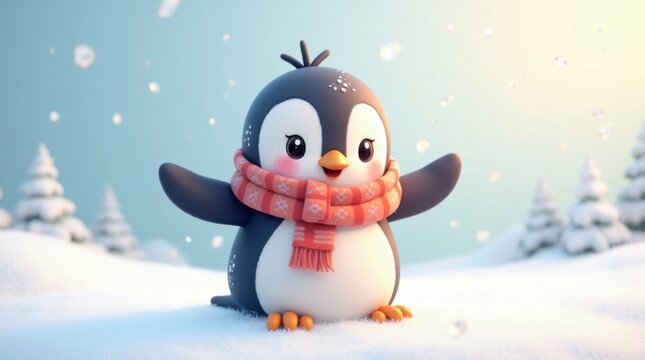 Un adorable ping&uuml;ino de dibujos animados que lleva una bufanda peque&ntilde;a y colorida