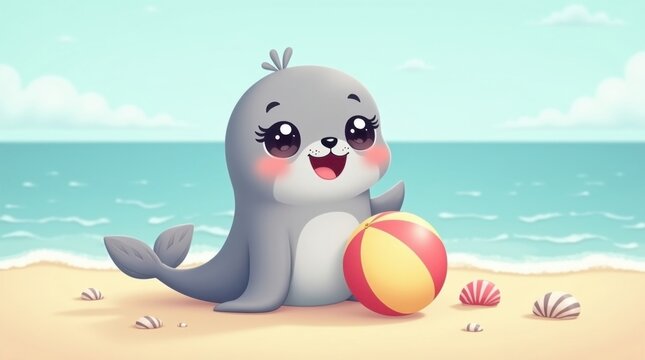Encantadora foca de dibujos animados sentada junto a una peque&ntilde;a pelota de playa; cuerpo redondeado, suave pelaje gris y enormes ojos brillantes