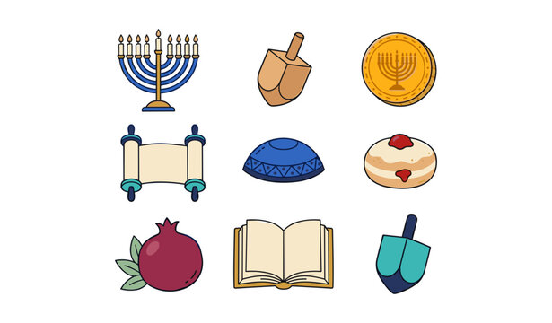  Hanukkah holiday icon vector set featuring cute cartoon menorah dreidel torah scroll kippah gelt coin and sufganiyah donut isolated on white background