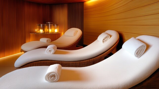 Relaxing lounge chairs in a serene spa environment with soft lighting and warm wooden accents