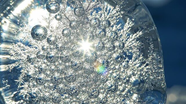 Clear ice sphere with intricate frozen patterns and bubbles reflecting sunlight, showcasing the beauty of winter in a close-up view against a blurred blue background
