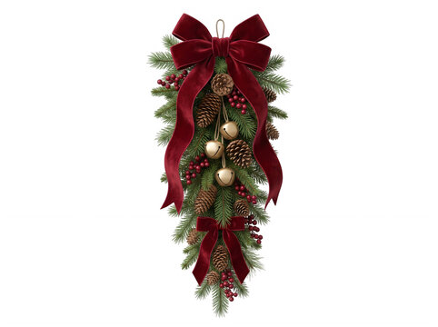 Festive christmas evergreen swag decorated with red velvet bows pine cones gold ornaments and holly berries on black background