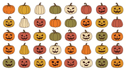 Fototapeta premium Happy Halloween pumpkin icons set of 40 distinct elements, autumn holiday collection for web design and print, friendly jack o lantern with smiling faces, autumn harvest theme