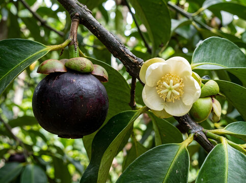 Fresh mangosteen growing in a tropical garden