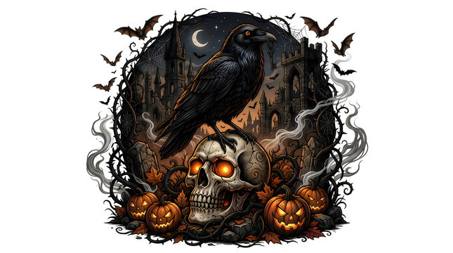 Black crow holding key while sitting on skull among jack o lanterns near ancient cathedral.