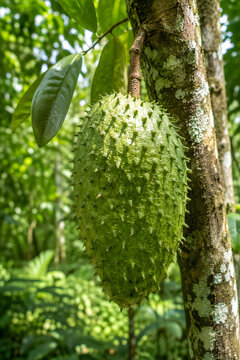 Fresh raw soursop fruit hanging on the tree in the orchard