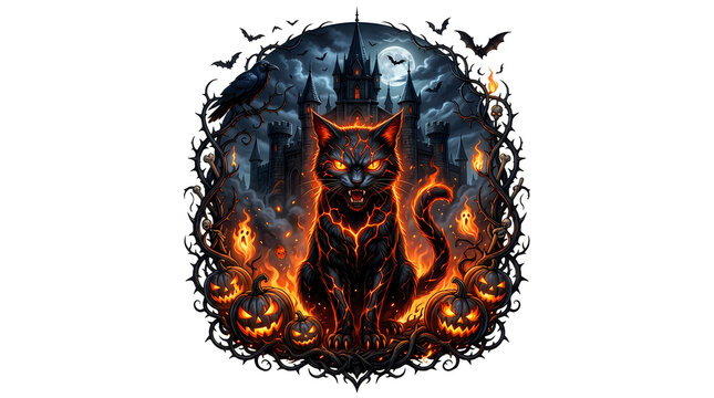 Black Halloween cat with glowing lava skin in front of dark spooky castle background design.