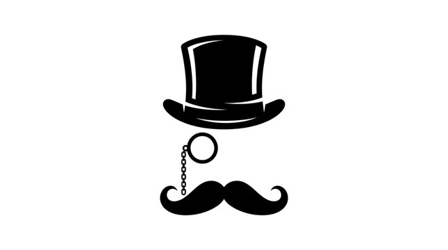 Elegant black vector illustration of a gentleman wearing a classic top hat and ornate monocle lens