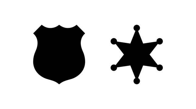 Black vector graphic illustration showing flat silhouettes of police shield and classic sheriff star badge shapes