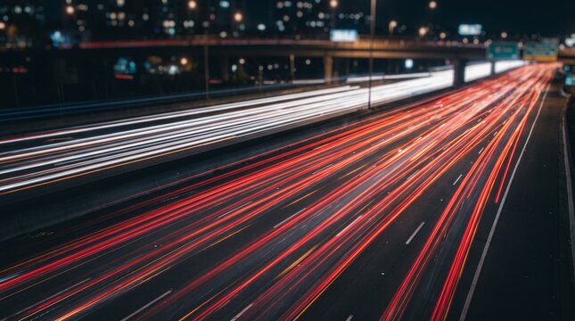 Freeway light trails streak across a busy multi-lane highway beneath an illuminated urban bridge at night.