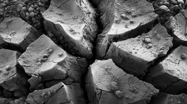 A close-up view of cracked dry soil, highlighting its texture and desolation in a monochrome palette.
