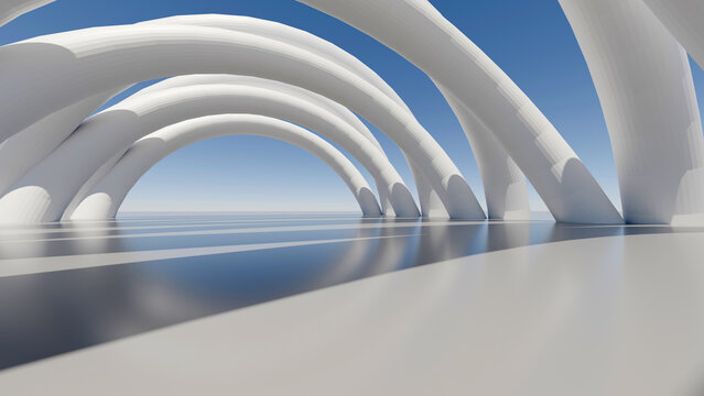 3D white futuristic pavilion arch hall background with sleek reflective floor. Ideal for modern architectural presentations, tech banners, website headers, and minimal background designs