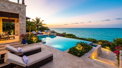 Fototapeta premium Oceanfront resort pool overlooks glowing turquoise waters during a warm sunset.
