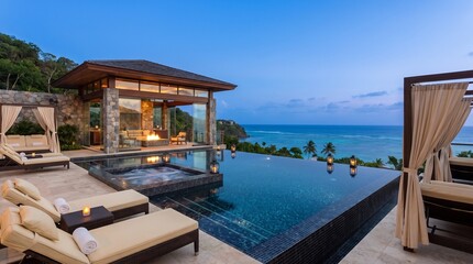 Fototapeta premium Infinity pool at a luxury oceanfront villa glows under twilight skies.
