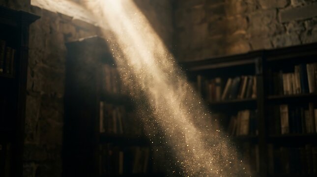 Sunbeam illuminating dust motes in an ancient library
