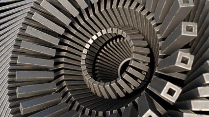 Fototapeta premium 3D abstract industrial metal geometric spiral background, featuring arranged metallic blocks. Ideal for engineering covers, tech website headers, and modern architectural design backdrops