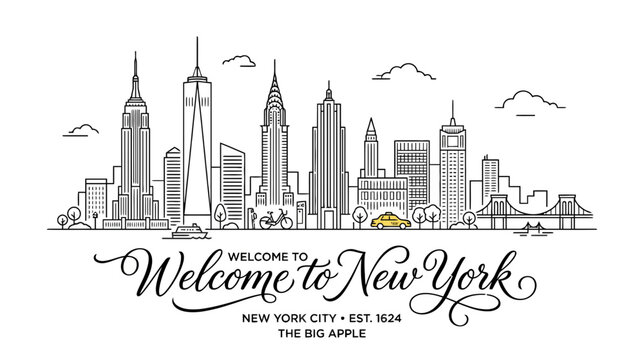 New York City Skyline Welcome Calligraphy Art - Iconic Buildings, Yellow Cab