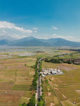 Aerial view of a road cutting through agricultural fields and rice paddies with distant mountains under a clear blue sky in Semarang, Central Java, Indonesia.