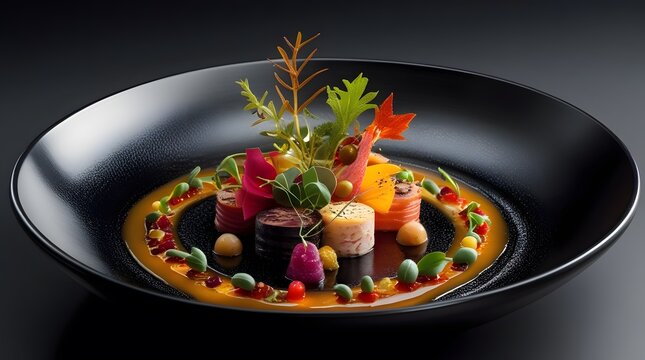 A luxuriously decadent dish, meticulously arranged in an ebony bowl, exudes a sophisticated modernity. The dish itself is a gourmet creation, featuring a symphony of flavors and textures