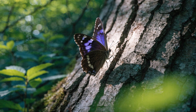 Purple Emperor Butterfly Perched on Oak Tree in Woodland Habitat
