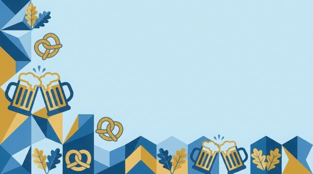 Oktoberfest background with beer mugs pretzels and geometric patterns.