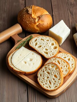 Rustic wooden bread board with sliced bread and cheese, rustic, wooden