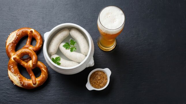 Traditional Bavarian breakfast with white sausages pretzel sweet mustard and beer on dark background.