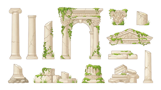 Ancient stone ruins overgrown with green ivy and moss architecture classical