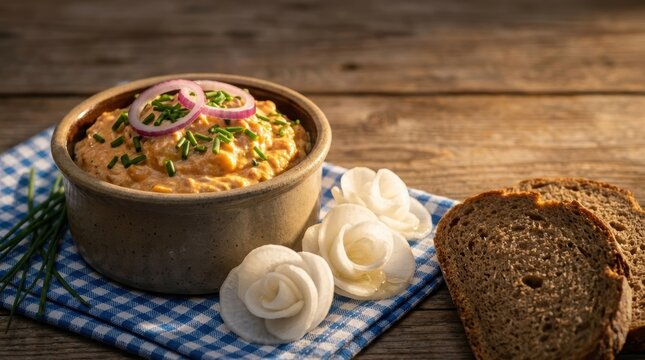 Traditional Bavarian Obatzda cheese spread in a bowl with rye bread on a wooden table.