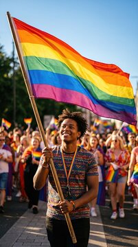 Pride parade flag bearer under bright sunlight